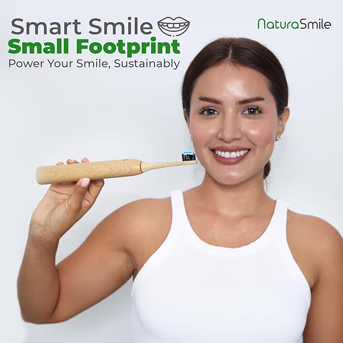 Bamboo Electric Toothbrush for Adult, Sonic Electric Tooth Brush with Pressure Sensor, 4 Biodegradable Heads, 5 Modes, 6-Weeks Battery, Tongue Scraper, Toothpaste Tablets, Travel Bag