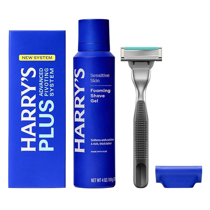 Harry's Plus Shaving Kit for Men - Premium Handle, Razor Blade Cartridge, Foaming Shave Gel, and Travel Blade Cover - Advanced Pivoting System - Onyx