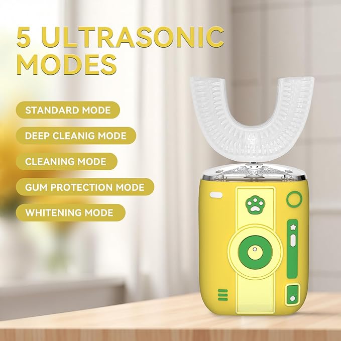 Adult Sonic Automatic Electric Toothbrush, 360° Oral Cleaning Stain Whitening(Yellow-Cup), IPX7 Waterproof Rechargeable, u-Shape Brush Head*3+Straight Handle Brush Head*2