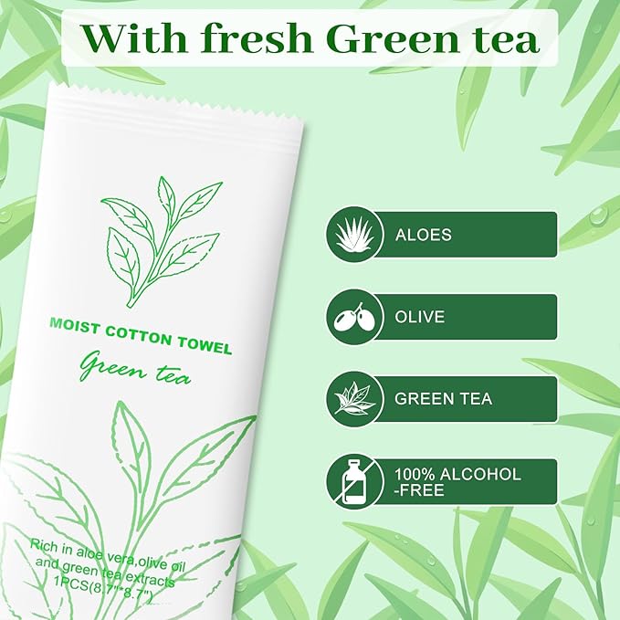 Moist Cotton Towel Bulk Moist Towelettes Individually Wrapped,White Towel Services,Refreshment Pre Moistened Towels for Dentist Travel Sport Party Hotel 50，Green tea