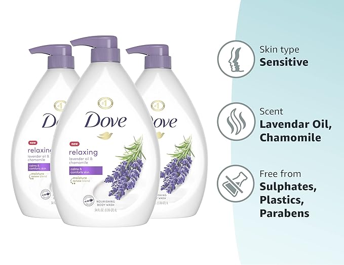 Dove Relaxing Body Wash Pump Calms & Comforts Skin Lavender Oil and Chamomile Effectively Washes Away Bacteria While Nourishing Your Skin 34 oz 3 Count
