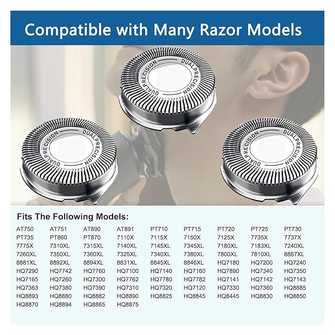 HQ8 Replacement Heads Compatible with Philips Electric Shavers, HQ8 Replacement Razor Blades Fit for Aquatec HQ8 Series Shaving Head, HQ8 Heads Upgraded for PT730 AT880 AT811, 3-Pack