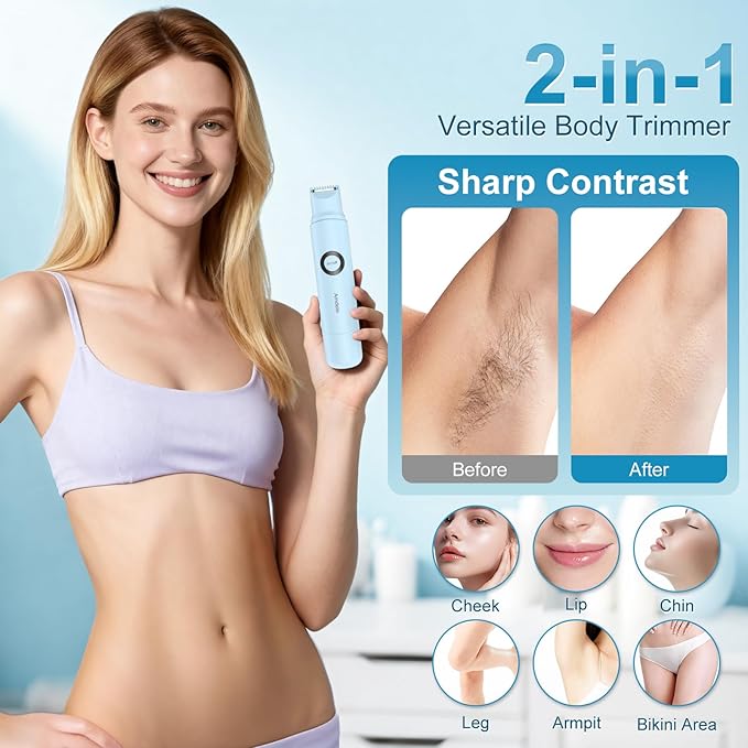 Bikini Trimmer for Women - 2 in 1 Electric Painless Razors for Women with Dual Heads, Waterproof Pubic Hair Groomer for Body Underarm Leg Face, Rechargeable Compact Travel Shaver
