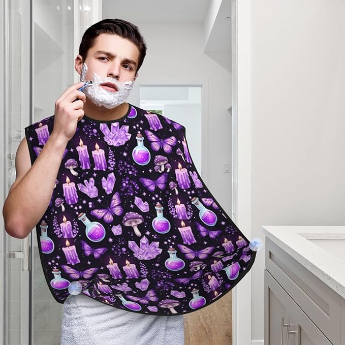 Strong Suction Cup Beard Grooming Bib, Non-Stick Hair Catcher, Waterproof, for Shaving, Gothic Magic Witch Witchy Trippy Purple Mushrooms