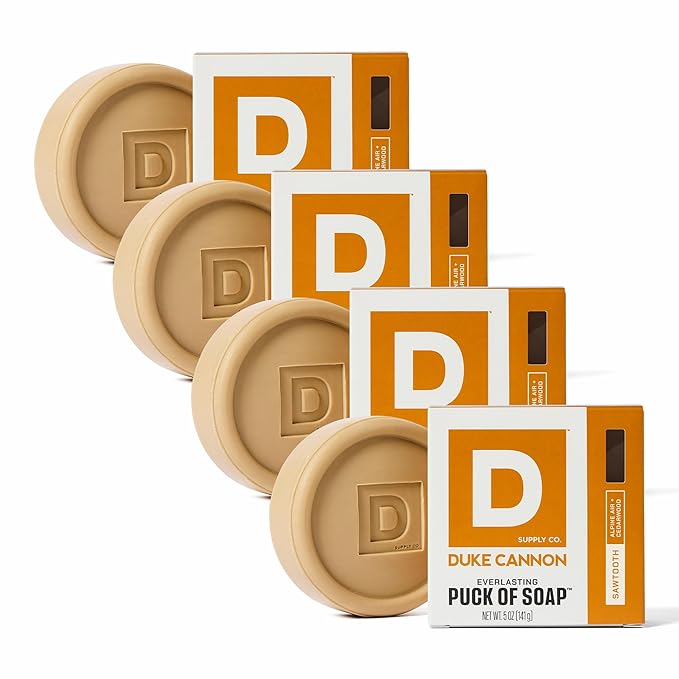 Duke Cannon Supply Co. Bar Soap Puck - Men's Rounded Bar Soap with Masculine Scents - Disc-Shaped Mens Soap - Hydrating & Deep Cleaning - All Skin Types - Sawtooth, 4 Pack - 5 oz