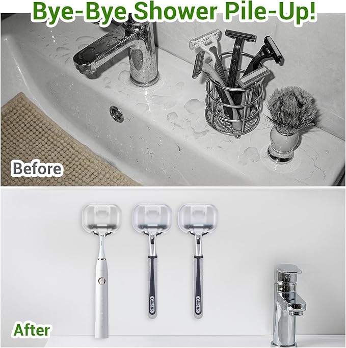 2 Pcs Plastic Razor Holder with Cover, Translucent Self Adhesive Wall Mounted Razor Rack Waterproof Shower Shaver Organizer for Bathroom