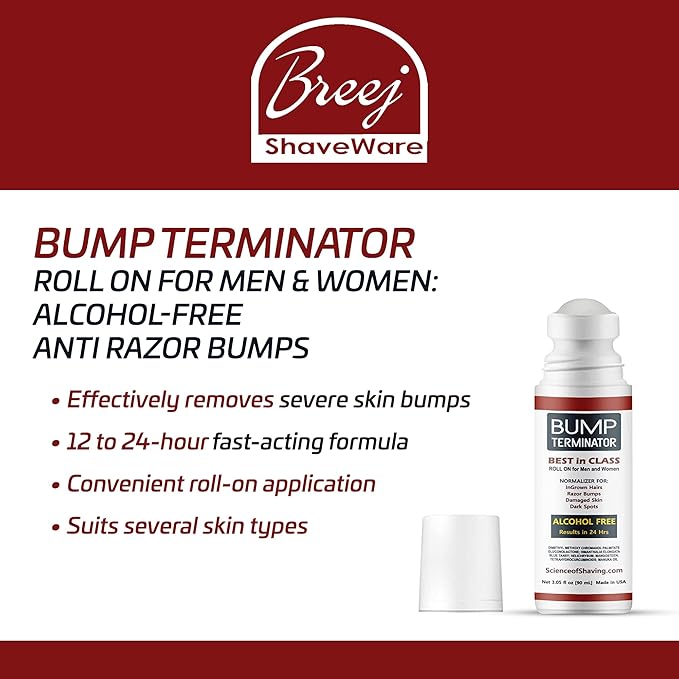 BREEJ Bump Terminator, ALCOHOL FREE, Anti Razor Bumps, Ingrown Hair, Razor Burn, Skin Treatment for Face, Neck, Bikini area, Legs-After Shave & Back Of Head Bumps Remover, Unisex Roll On