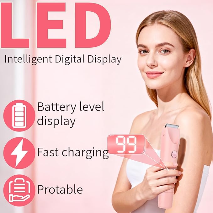 2-in-1 Electric Shaver & Bikini Trimmer with LED Display for Women & Men，IPX7 Waterproof Wet/Dry Electric Razor with Dual Head, Rechargeable Painless Body & Facial Hair Remover (Pink)