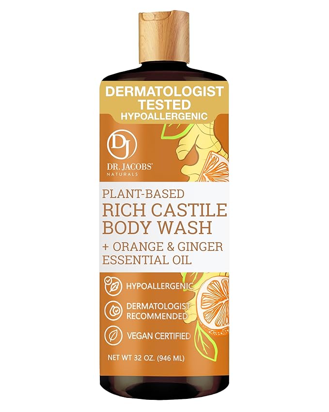 Dr. Jacobs Naturals Pure Castile Soap Liquid Body Wash, Orange & Ginger - Plant Based Soap Infused with Vitamin E & Aloe Vera to Moisturize Dry and Sensitive Skin - Made in The USA - 32 oz, Pack of 1
