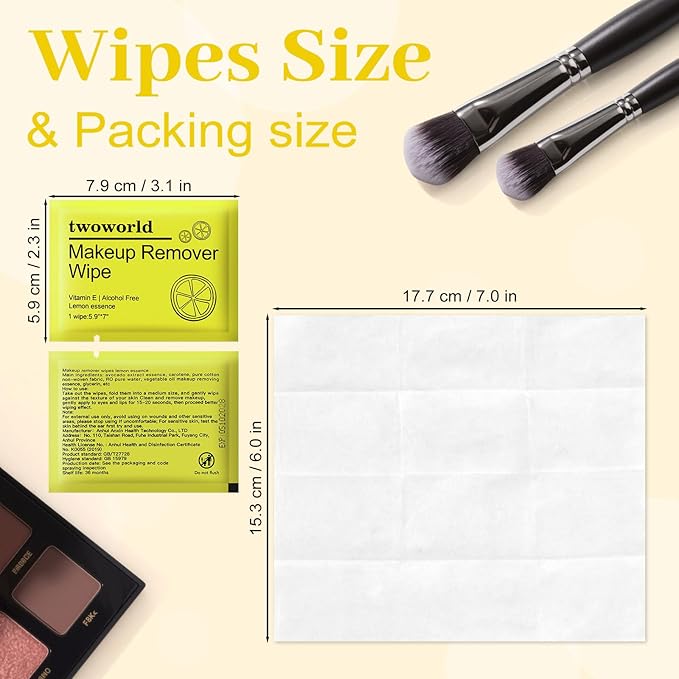 Makeup Remover Wipes Bulk Individually Wrapped,Travel Makeup Wipes Gentle for Face Cleansing Mascara Lipstick Travel Hotel（lemon,pack of 50)