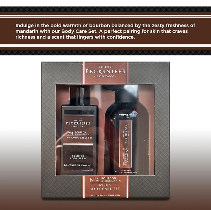 Pecksniff’s Men’s Body Duo Set – Bourbon & Mandarin Scented Bath & Shower Gel 250ml & Body Spray 100ml – Luxury Grooming Gift Set for Him