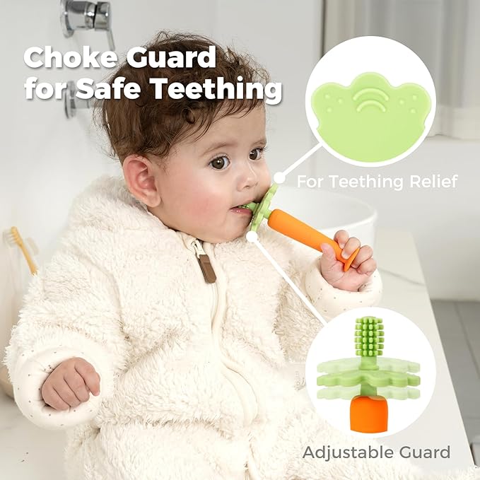 Papablic Baby Toothbrush Teether, 360° Carrot Toothbrush Teething Toy with Suction Base, Easter Gift Travel Essentials for Toddler Infants 6-12 Months