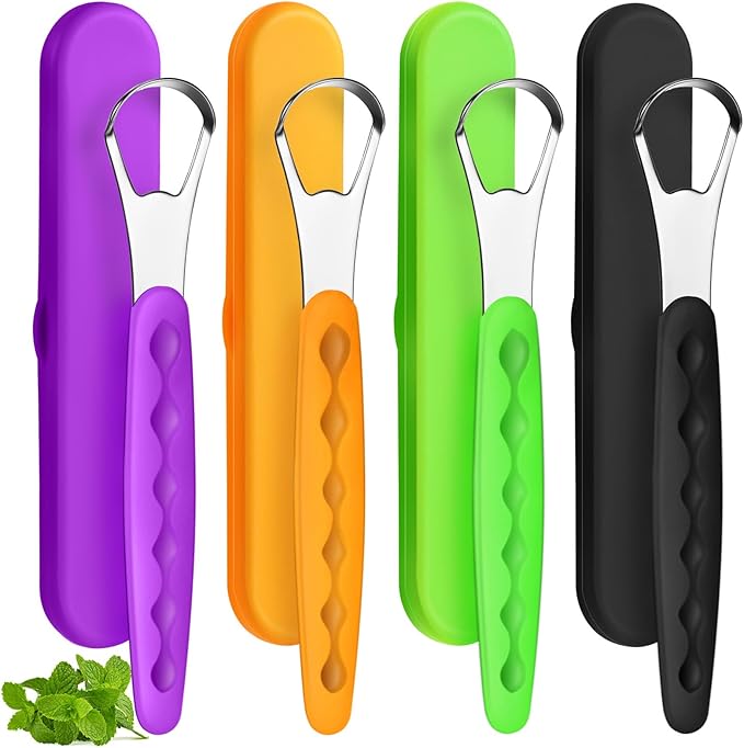 4 Pcs Tongue Scraper Cleaner Adults and Kids Stainless Steel Tongue Brush Metal Scraper Reduce Bad Breath with Travel Cases for Men Women Oral Mouth(Orange, Green, Black and Purple)
