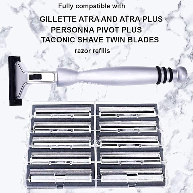 Taconic All‑Metal Heavyweight Chrome Razor – Gillette® Atra-Compatible Twin Blade Handle with 10 Pivot Plus Personna Blades, Ergonomic Grip, Durable Design