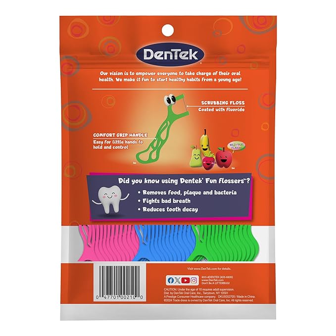 DenTek Fun Flossers – Kids Floss Picks with Wild Fruit Flavor, 75 Count, Pack of 6