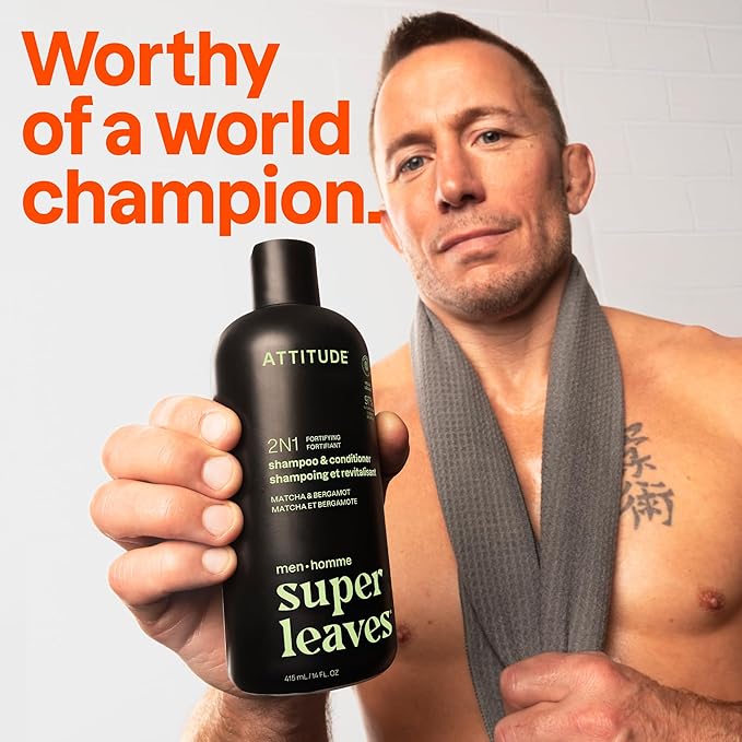 ATTITUDE Men's Shampoo and Conditioner 2-in-1, Fortifying For Fragile Hair, With Caffeine and Green Tea, 97% Natural Origin Ingredients, EWG Verified, Matcha & Bergamot, 14 Fl Oz (Pack of 3)