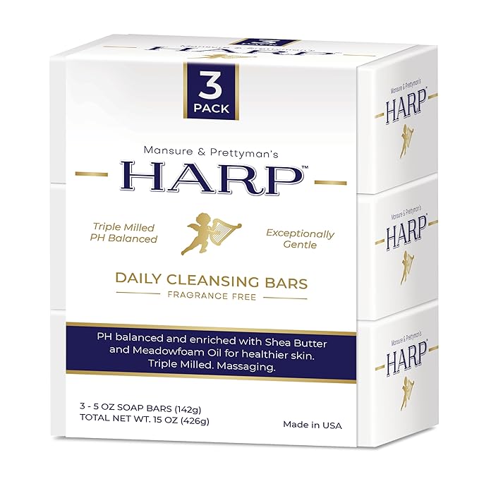 HARP pH-Balanced (5.0-6.0) Body Wash Bar. 100% Syndet. Protects Moisture Barrier For Sensitive, Dry or Irritated skin. + Shea Butter/Borage Oil. Non-Comedogenic. FRAGRANCE FREE