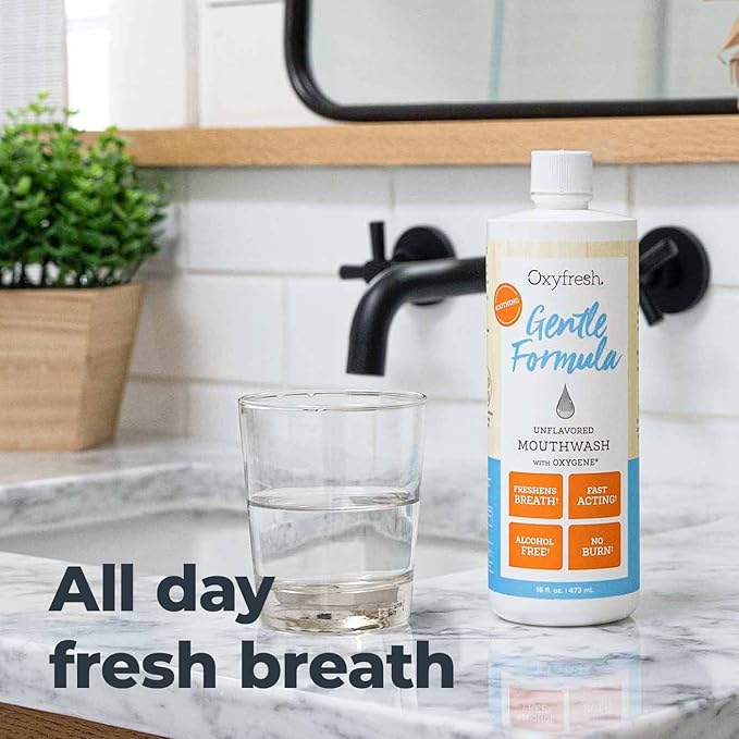 Oxyfresh Gentle Formula Unflavored Mouthwash for Adults – Ultra Sensitive Gums & Teeth – Non Mint, Zero Alcohol, Flavor Free – Fresh Breath. 16 oz (Pack of 2)