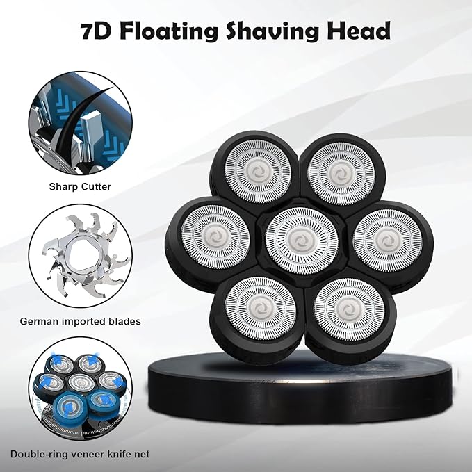 Electric Shaver Replacement Heads 7D - 7 Replacement Blades Head Razor Heads Universal Stainless Steel Rotary Blade for Bald Head Razor for Men (7 Heads Black)