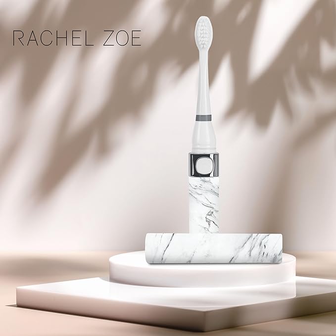 Rachel Zoe Portable Electric Toothbrush for Adults, Battery Operated Compact Sonic Tooth Brush for Trips, Waterproof Travel Toothbrush with Cover, 2 Removable Brush Heads Included, Gray