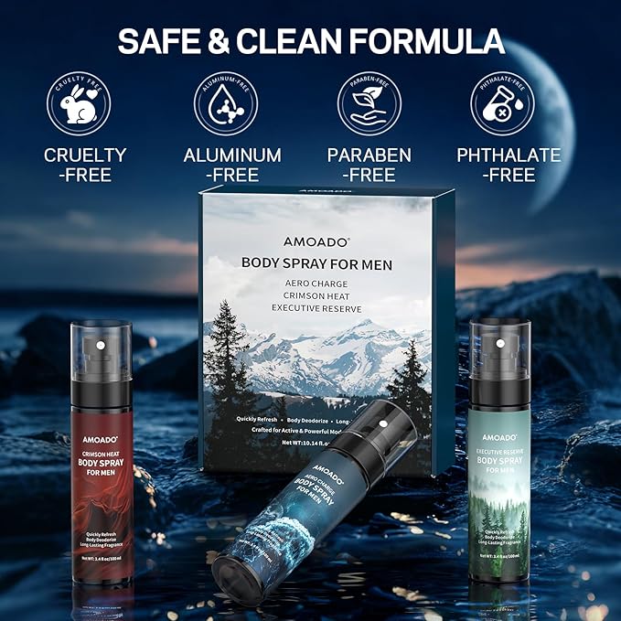 Men’s Body Spray Set – Body Spray for Men,Deodorizing Body Mist Refreshing Spray, Aluminum-Free Cologne Gift Set for Him, Travel Size Fresh, Oriental & Woody Scents,Each 3.4 fl oz