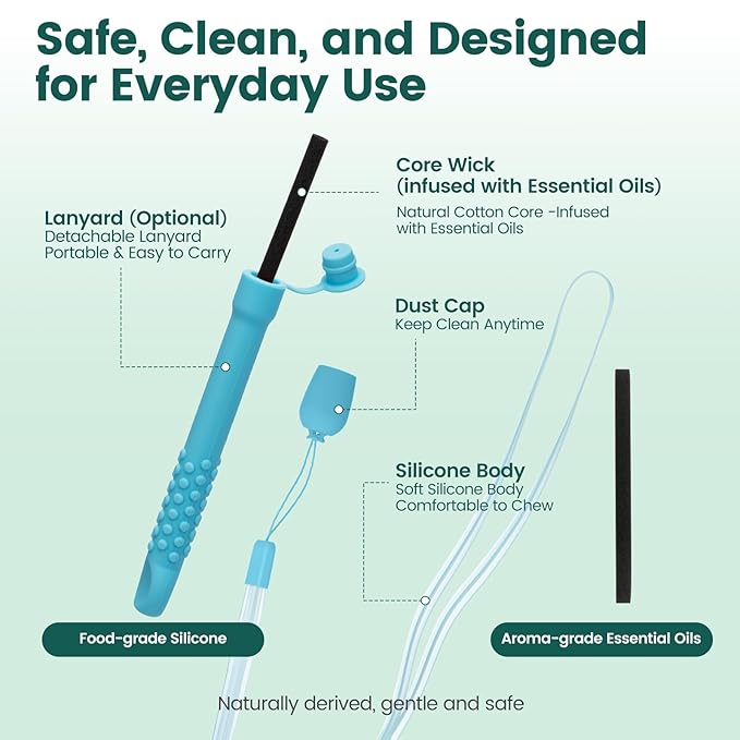 Chewable Silicone Aroma Sticks with Essential Oils for Stress Relief & Fresh Breath, Improving Pen Biting & Smoking Habits.(Blue)