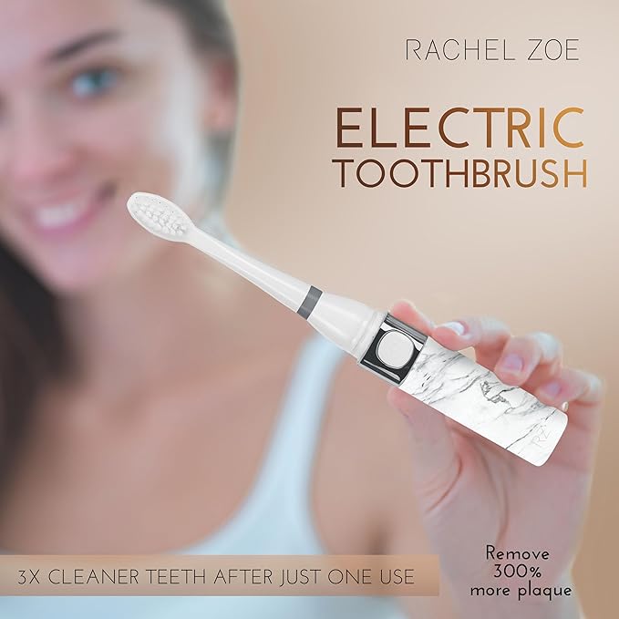 Rachel Zoe Portable Electric Toothbrush for Adults, Battery Operated Compact Sonic Tooth Brush for Trips, Waterproof Travel Toothbrush with Cover, 2 Removable Brush Heads Included, Gray