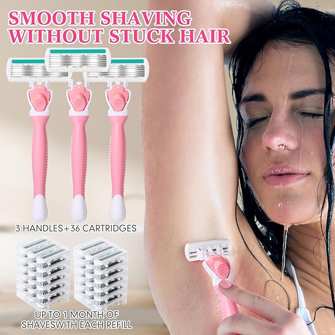 Lasnten 39 Pcs Disposable Women Razors 6 Blade Sensitive Skin Shaving Razor Set Include 3 Non Slip Handles and 36 Refills(Pink)