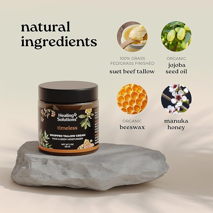Healing Solutions - Whipped Tallow Balm, Frankincense, Myrrh & Sandalwood Scent, Grass Fed/Grass Finished Beef Tallow w/Organic Jojoba & Manuka Honey for Skin, Face & Body, All Natural Moisturizer