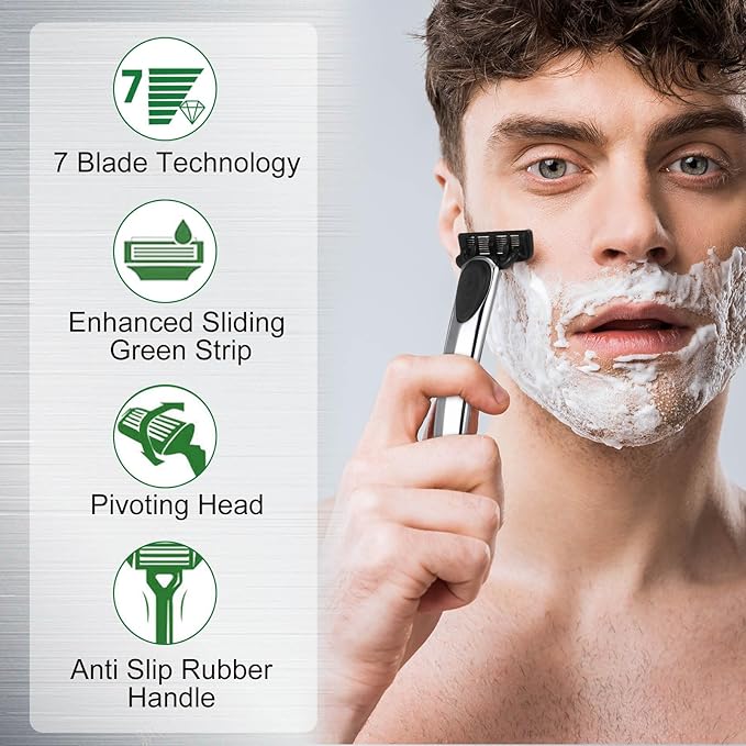 22 Pcs Disposable Men's Razors Set Refillable 7-blade Sensitive Skin Razor Kit for a Comfortable Shave, 1 Handle and 21 Cartridges