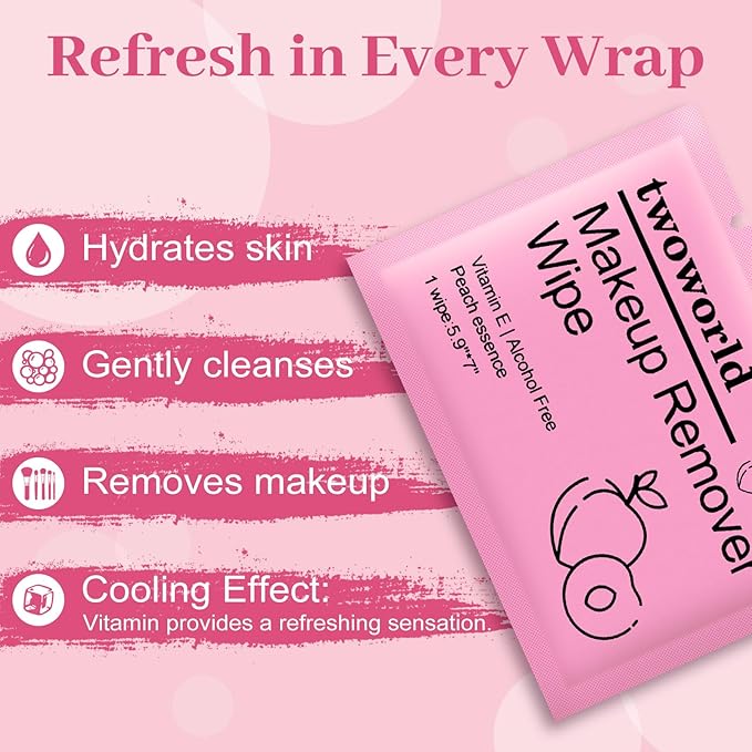 Makeup Remover Wipes Bulk Individually Wrapped,Travel Makeup Wipes Gentle for Face Cleansing Mascara Lipstick Travel Hotel（honey peach,pack of 50)