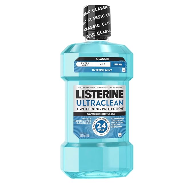 Listerine Ultraclean Intense Antiseptic Mouthwash + Whitening Protection*, Everfresh Technology to Help Fight Bad Breath, Gingivitis, & Plaque, Tartar Control Oral Rinse, Intense Mint, 1L