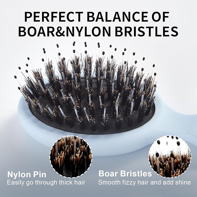 Mini Boar Bristles Hair Bursh, Travel Size Hair Brush for Women Men Kids, Protable Small Hair Brushes for Pockets Purses, Mini Hair Brush for Smooth Add Shine (1 Pack-Blue)
