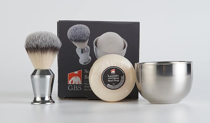 G.B.S Men's Wet Shaving Gift Set, Stainless Handle Shaving Brush, Stainless Shave Soap Bowl and Natural Shaving Soap, 3 Pieces Grooming Kit for Men