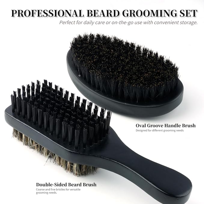 2-Sided Hair Brush for Men and Pure Boar Bristle Beard Brush Set, Pocket Travel Men's Wooden Mustache Brush for Hair, Detangling, Smoothing (Black-B)