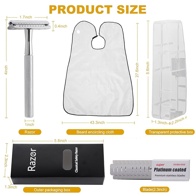Double Edge Razor, Safety Razor With 10 Premium Stainless Steel Reusable Blades And a Beard Bib,Transparent Packaging Box Single Blade Razors For Men and Women, Smooth Shave Experience,Silver