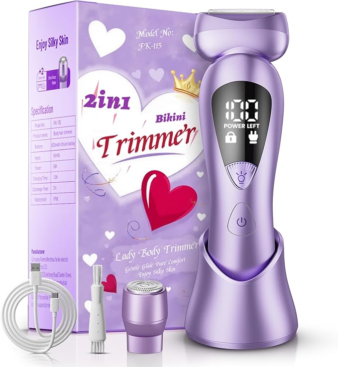 Cordless Electric Razors for Women: Rechargeable Painless Bikini Trimmer for Body Hair - IPX7 Waterproof Shaver with LED Display for Face/Underarm/Leg Deep Purple