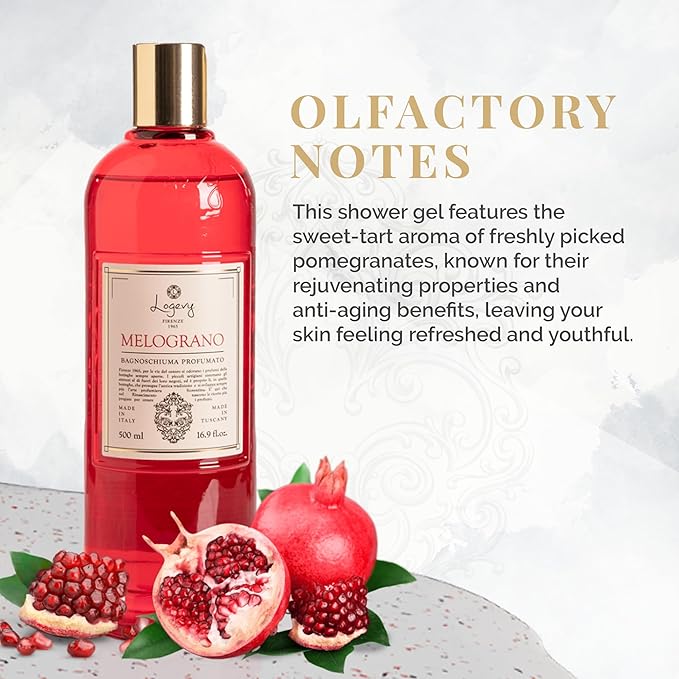 Logevy Melograno Shower Gel – Indulgent Pomegranate Aroma Made from the Best Skin-Friendly Ingredients, Rich in Nutritional Properties for Rejuvenating, Hydrating, and Soothing Action – 500ml