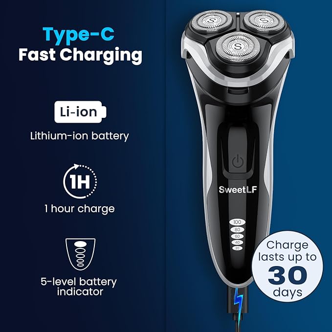 Waterproof Men’s Electric Shaver with Travel Case, Powerful & Quiet, Type C Fast Charge (60min Charge, 120min Use), Precision Trimmer (Black)