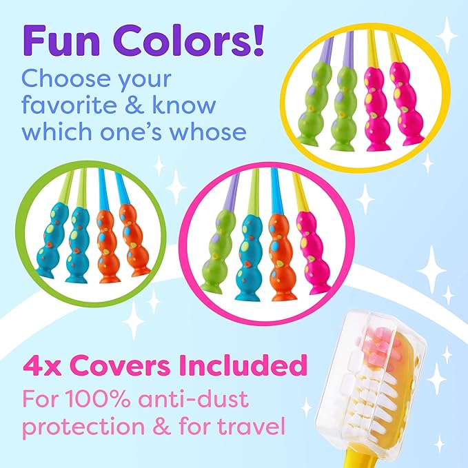 Kids Toothbrush 4 Pack - Soft Contoured Bristles - Child Sized Brush Heads (3-10 Year Old) - Suction Cup for Fun & Easy Storage - Girl & Boy Set (Green & Pink)