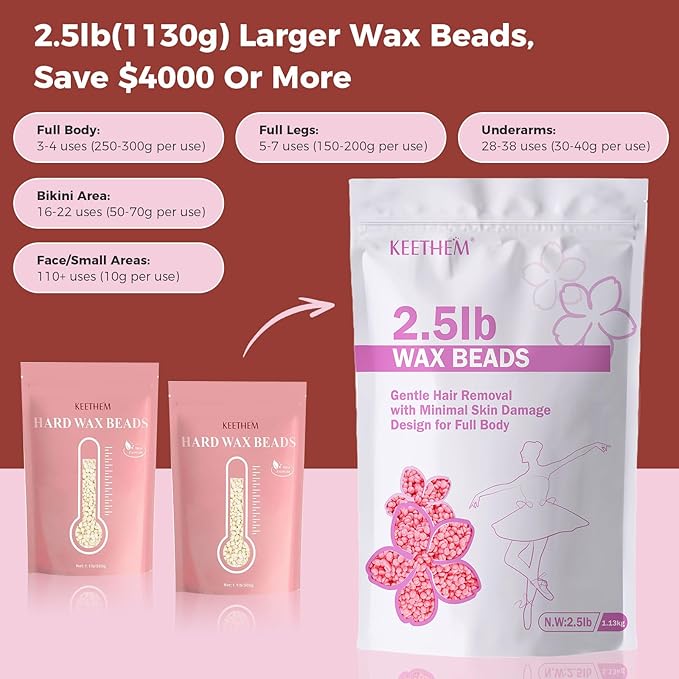 2.5lb Wax Beads, Hard Wax Beads for Coarse Hair Removal and Sensitive Skin- Waxing Beads for Women Men - Hard Wax Recommended for Full Body Bikini Brazilian Waxing (Rose)