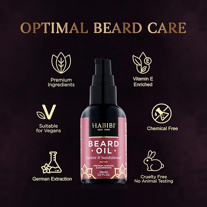 H HABIBI Amber & Sandalwood Beard Oil – 2.0 Fl. Oz Naturally Derived Beard Growth Oil for Men, Beard Care Essential – Hydrates, Nourishes & Promotes Healthy Growth, Made in USA