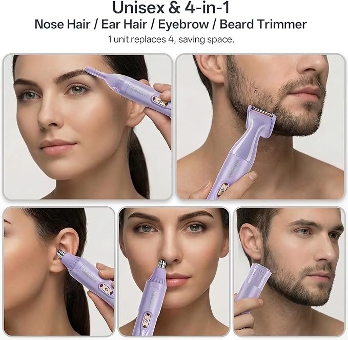 Rechargeable Nose Hair Trimmer - 4-in-1 Ear Eyebrow Beard Grooming Kit for Men & Women, Waterproof Quiet Motor, Type-C Fast Charging, Portable Travel Size Nose Trimmer Beard Trimmer (Purple)