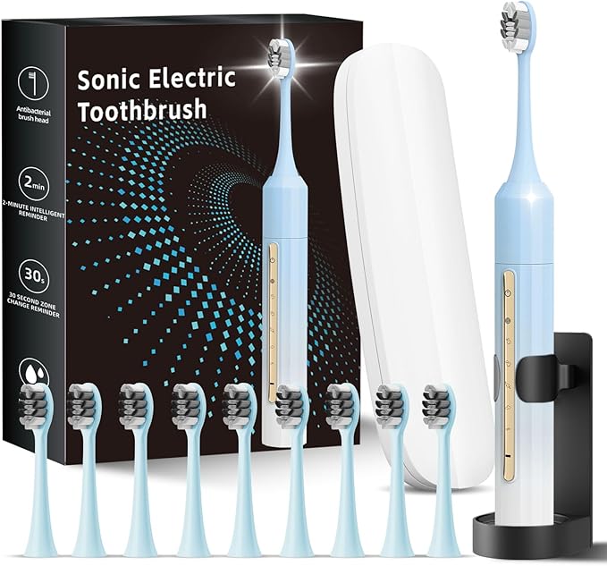 Sonic Electric Toothbrush for Adults & Kids - 10 Brush Heads, 90-Day Battery, 5 Modes, 2-Min Timer, IPX8 Waterproof, Rechargeable & Travel-Friendly (Blue White)