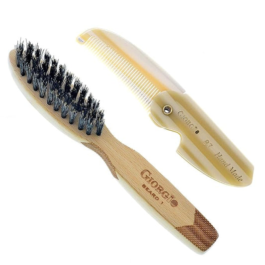 Giorgio G87IVY 2.5 Inch Men's Folding Pocket Comb Ivory - For Hair, Beard Grooming and Styling - Flexible Cellulose, Saw-cut & Hand Polished + 6 Inch Beard Brush