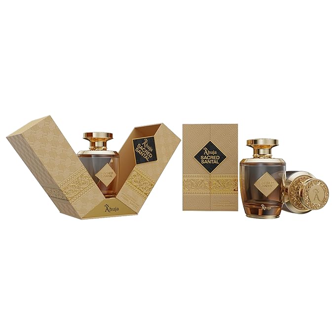 AHUJA Sacred Santal Eau de Parfum 3.4 fl oz – Unisex Luxury Perfume w/Sandalwood, Violet Leaves & Cardamom – Earthy Woody Fragrance w/Spicy Notes – Long-Lasting Cologne