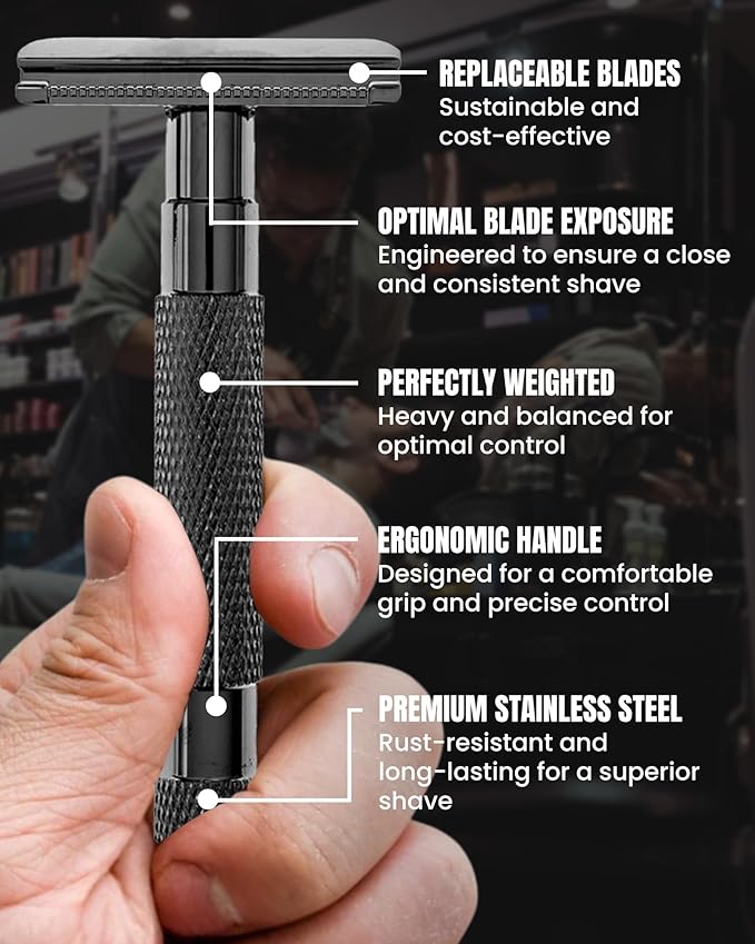 Gentleman Jon Gunmetal Safety Razor for Men, Double Edge Stainless Steel Razor, Precision Shaving with Heavy-Duty Construction, Designed for a Close Smooth Shave, Prevents Irritation, Gunmetal Finish