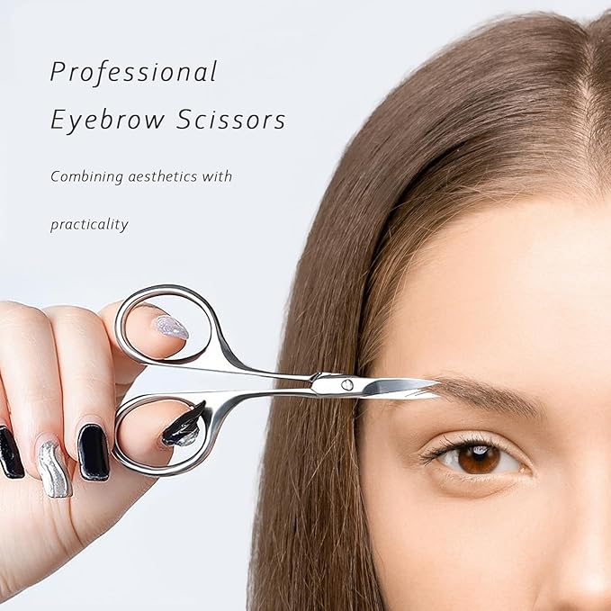 2 Pack Facial Hair Grooming Scissors for Men Women, Eyebrow, Nose Hair, Mustache, Beard, Eyelashes, Ear Trimming Kit - Curved and Rounded Safety Tip Clippers - Silver