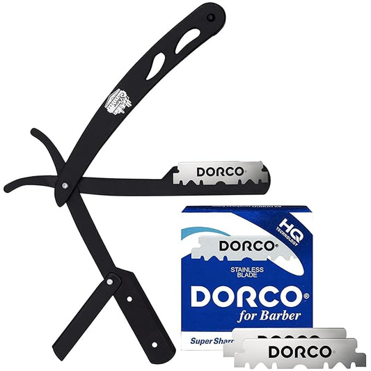 The Shave Factory Straight Edge Razor Kit - with Single Stainless Steel razors (Black + Blue)