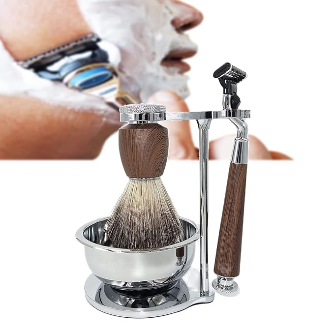 Luxury Safety Razor Shaving Kit for Men,with Shaving Bowl,Badger Hair Brush,Shaving Stand and Manual Razor Compatible with 3-Layer Razor Cartridge,Unique Wet Shave Set Gift for Men